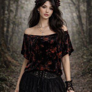 Forest Fairy Velvet Floral Top Flutter Sleeves Off the Shoulder Romantic Goth XL